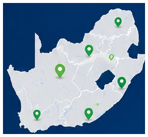 Map of South Africa with traffic department office locations marked